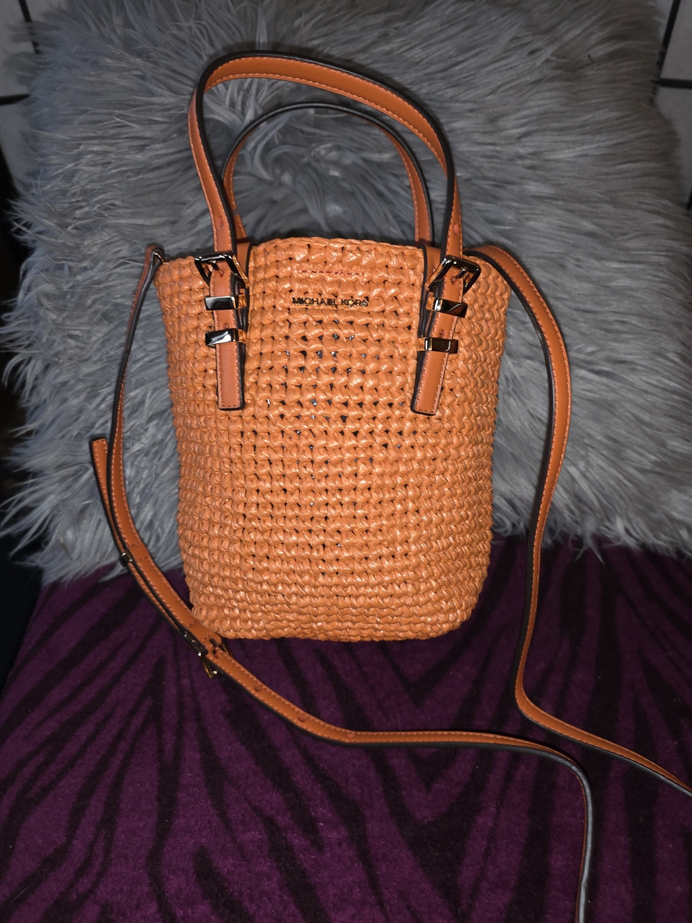 Michael Kors Orange Woven Crossbody Bucket Bag